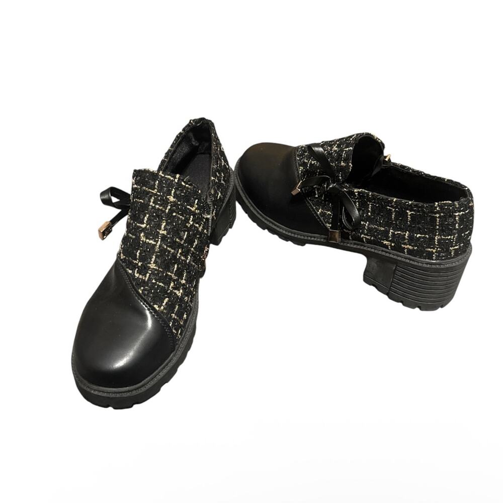 DG Women's Tweed Chunky Heel Short Boots, Adorned Bowknot Black & Gold Size 39.5
